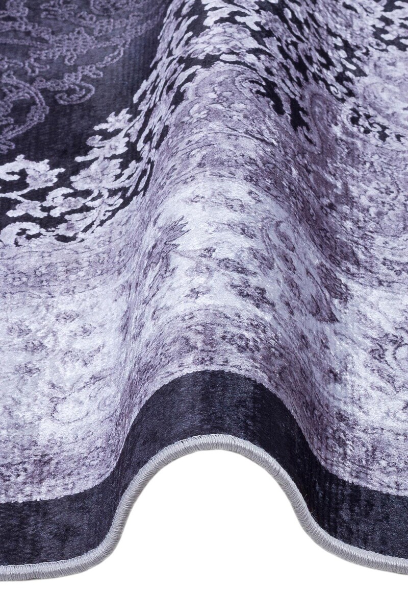 Klasik Desen Pamuk Taban Yıkanabilir Dijital Baskılı Halı Siyah - 3