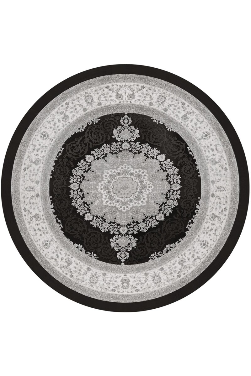 Klasik Desen Pamuk Taban Yıkanabilir Dijital Baskılı Yuvarlak Halı Siyah - Frenda