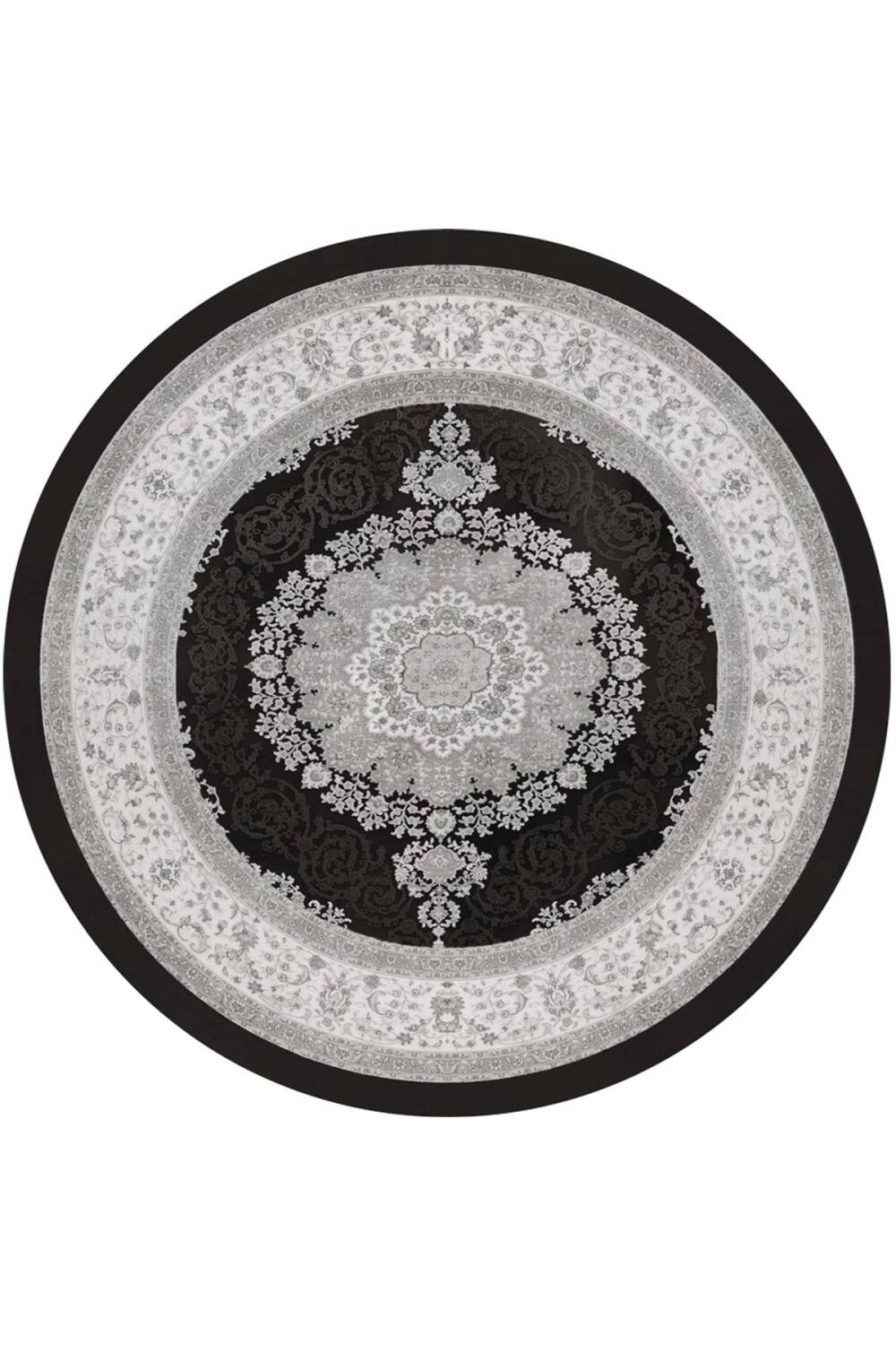Klasik Desen Pamuk Taban Yıkanabilir Dijital Baskılı Yuvarlak Halı Siyah - 1
