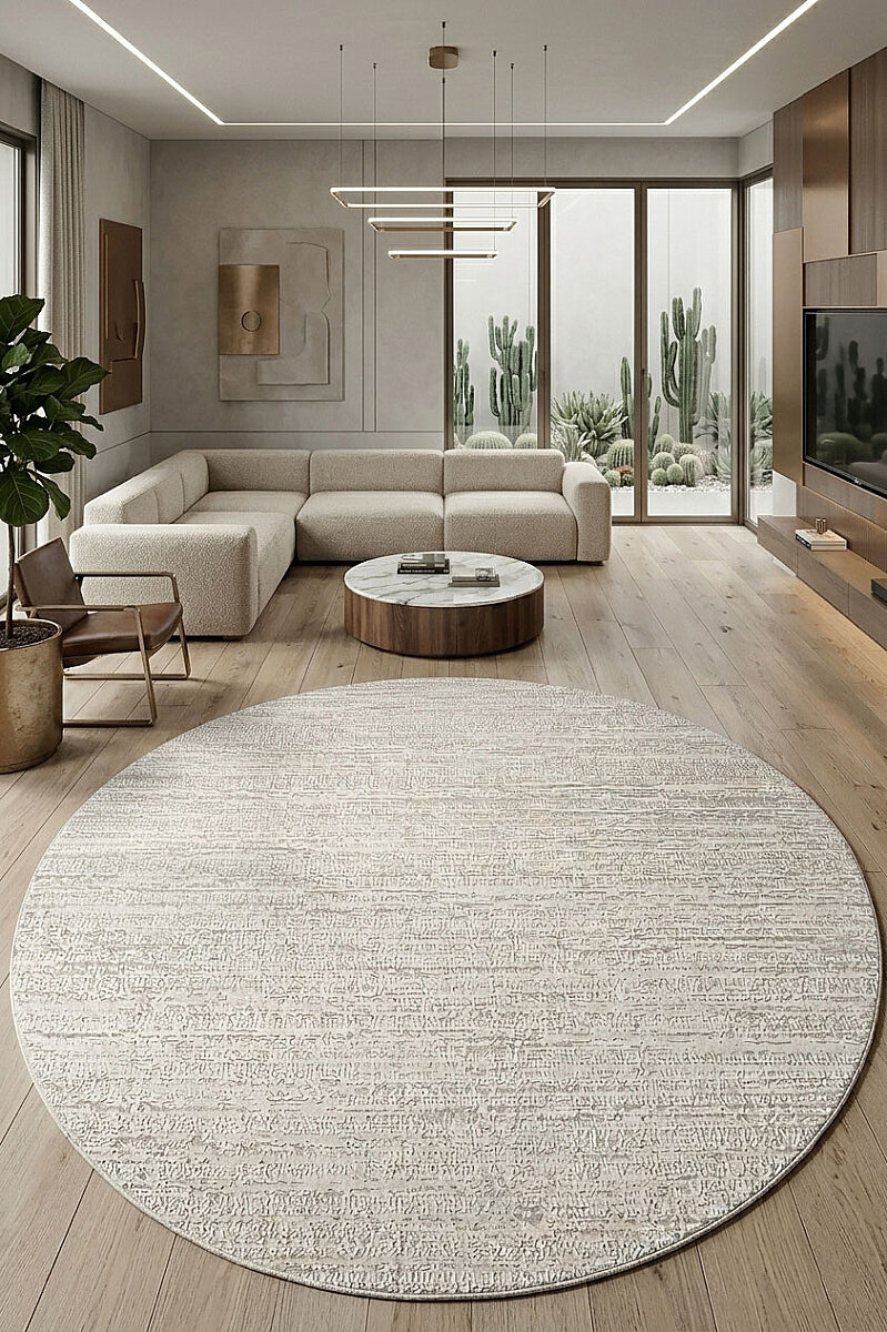 Luxera Modern Perfectly Yün Tuşeli Akrilik Yuvarlak Halı Lu03 Krem 