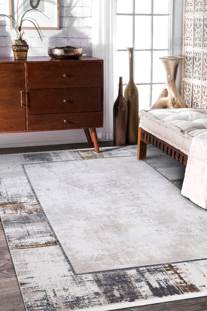 Mystik Modern Desenli Çerçeveli Halı 20390 Kemik 