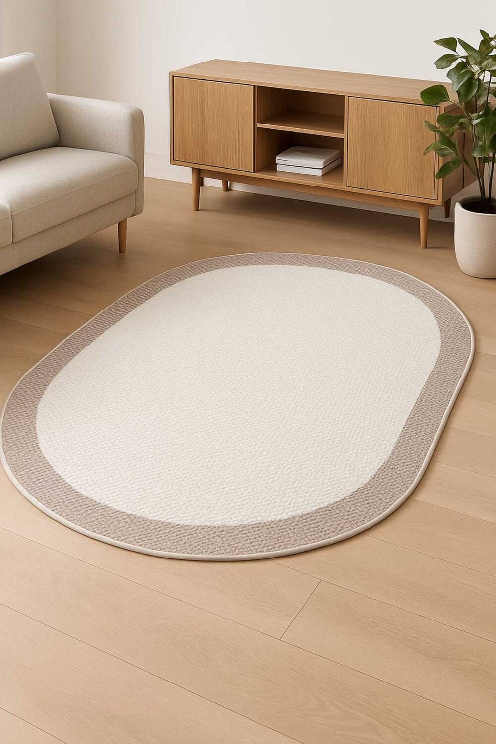 Natura Modern Hasır Görünümlü Çerçeveli Oval Halı Sütlü Kahve Krem NTR-01 - 3