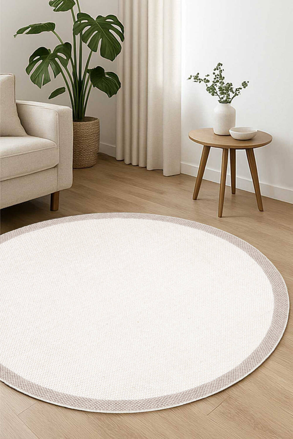 Natura Modern Hasır Görünümlü Çerçeveli Yuvarlak Halı Sütlü Kahve Krem NTR-01 - 1