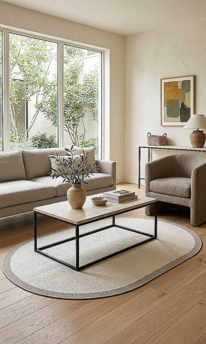 Natura Sisal Hasır Görünümlü Çerçeveli Oval Halı Ntr01 Sütlü Kahve-Krem - 1