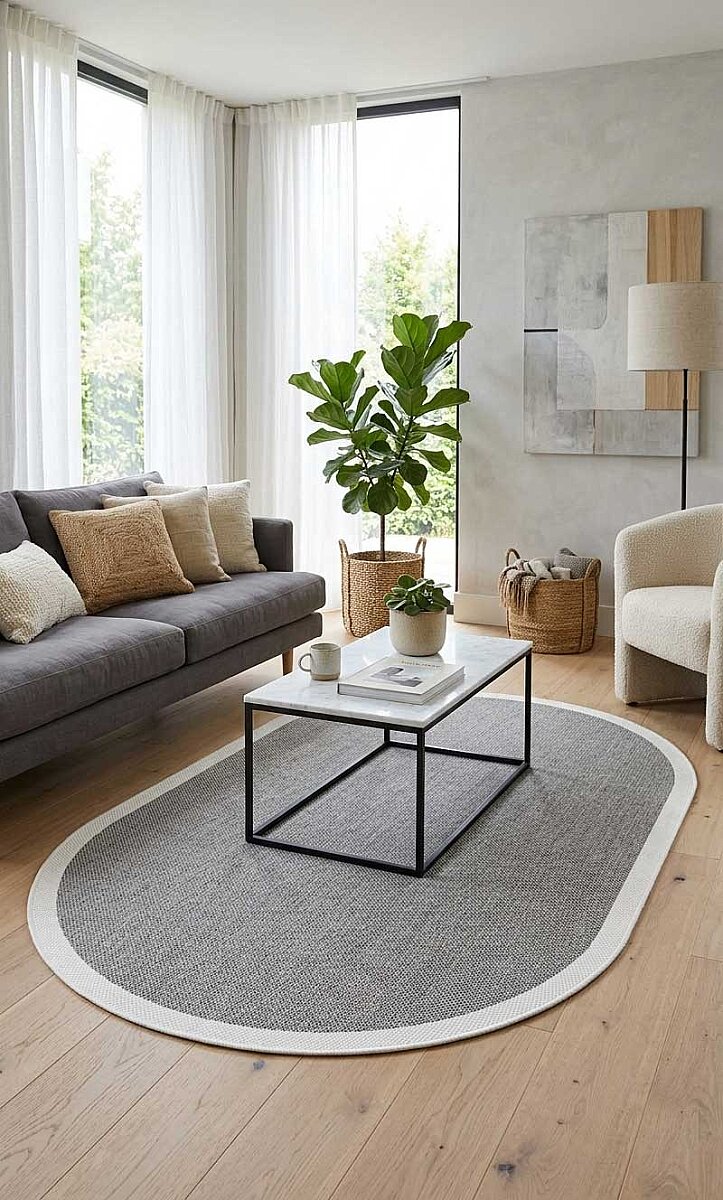 Natura Sisal Hasır Görünümlü Çerçeveli Oval Halı Ntr06 Krem-Antrasit - Frenda