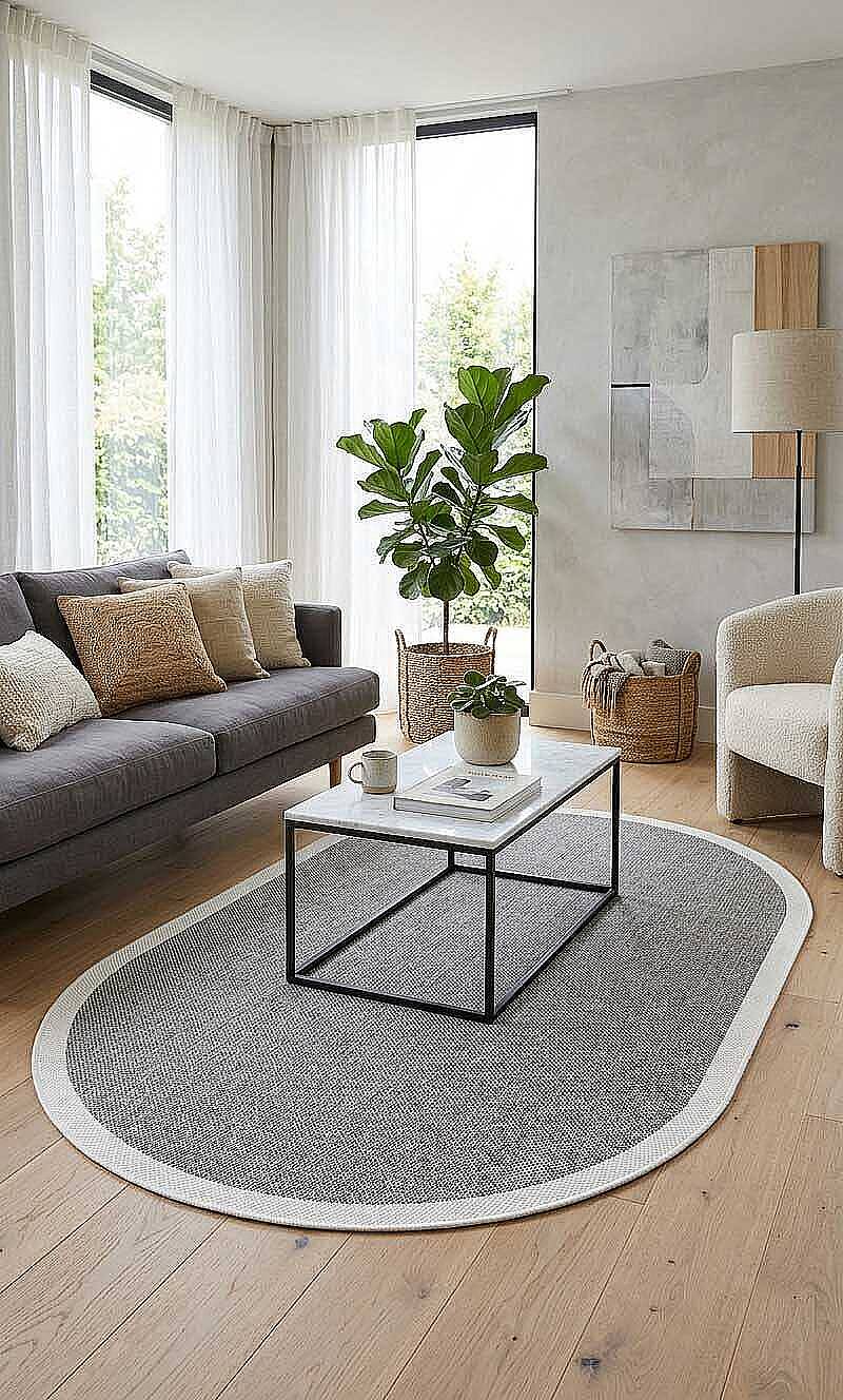 Natura Sisal Hasır Görünümlü Çerçeveli Oval Halı Ntr06 Krem-Antrasit - 1