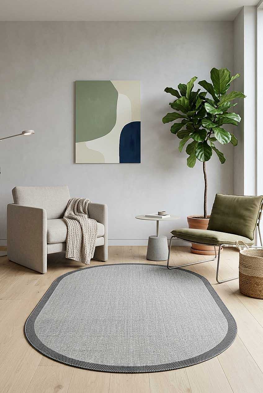 Natura Sisal Hasır Görünümlü Çerçeveli Oval Halı Ntr07 Antrasit-Gri 