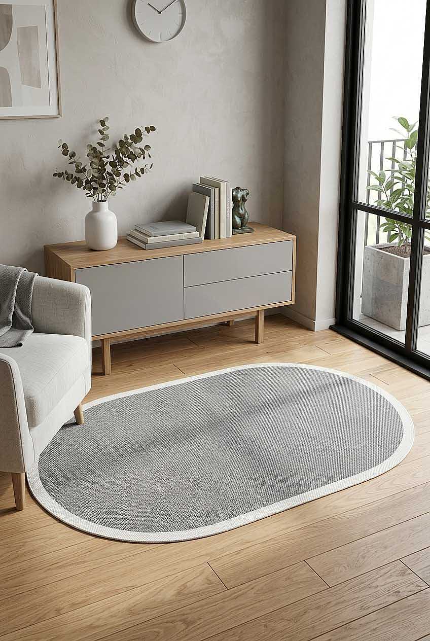 Natura Sisal Hasır Görünümlü Çerçeveli Oval Halı Ntr09 Krem-Gri 