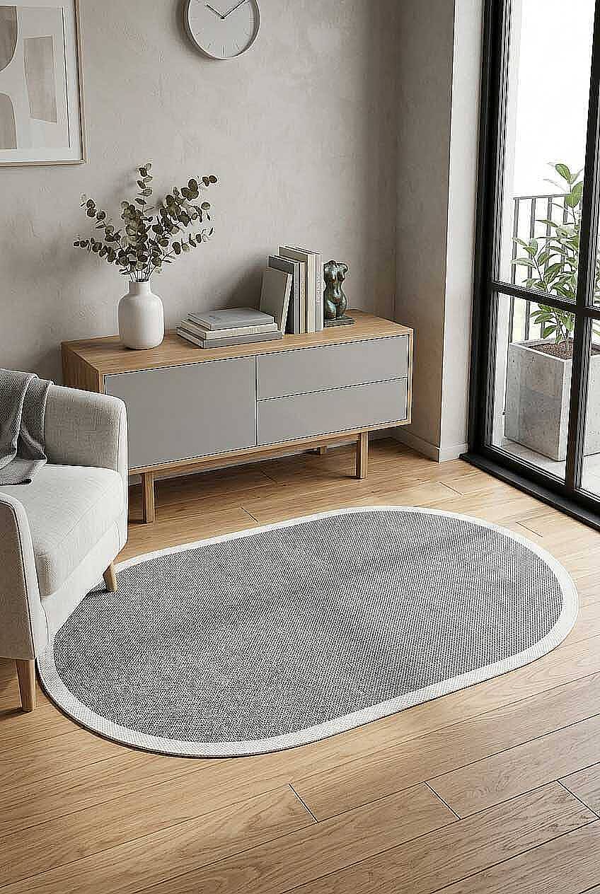 Natura Sisal Hasır Görünümlü Çerçeveli Oval Halı Ntr09 Krem-Gri - 1