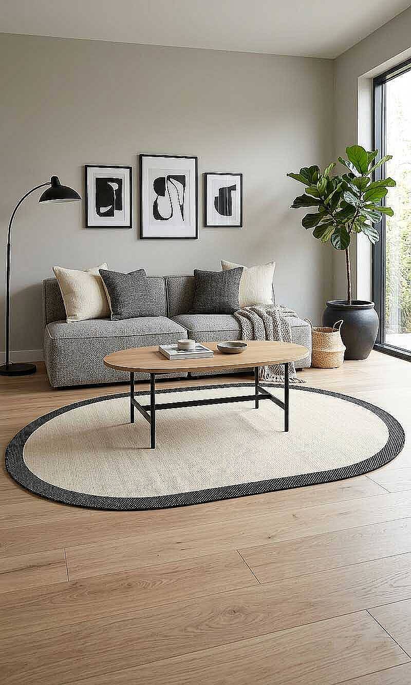 Natura Sisal Hasır Görünümlü Çerçeveli Oval Halı Ntr11 Siyah-Krem - 1