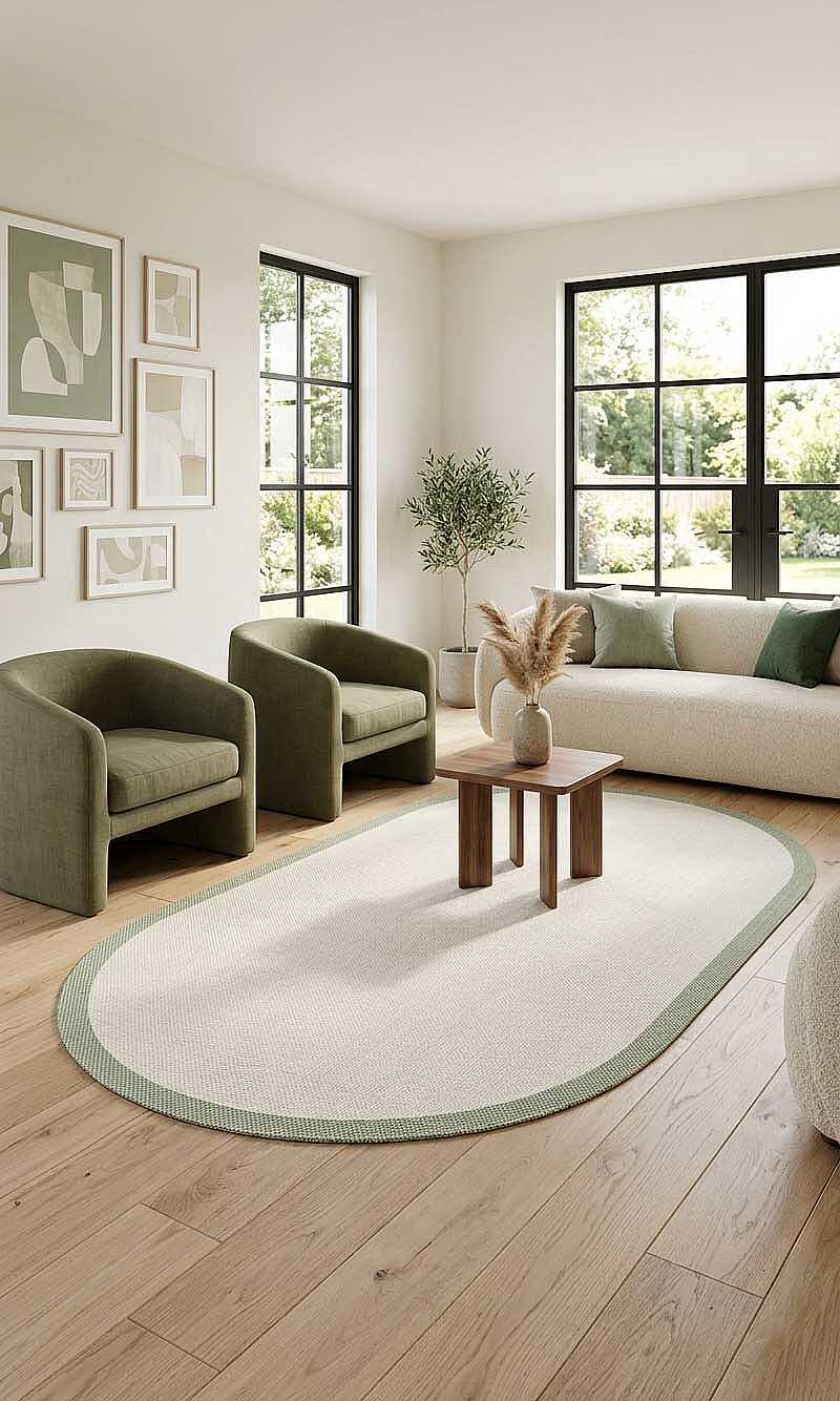 Natura Sisal Hasır Görünümlü Çerçeveli Oval Halı Ntr15 Yeşil-Krem 