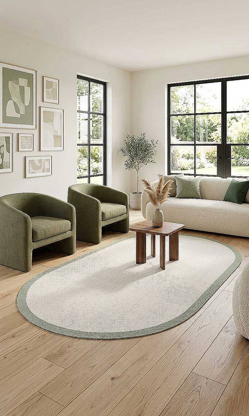 Natura Sisal Hasır Görünümlü Çerçeveli Oval Halı Ntr15 Yeşil-Krem - 1