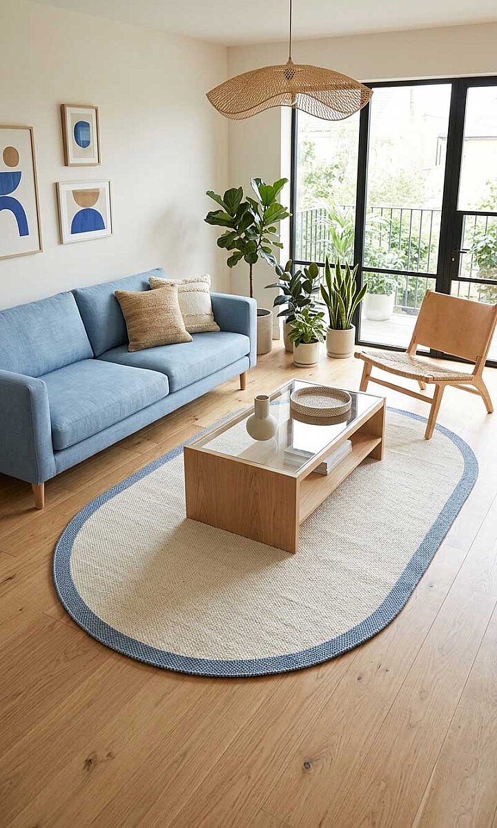 Natura Sisal Hasır Görünümlü Çerçeveli Oval Halı Ntr16 Mavi-Krem - Frenda