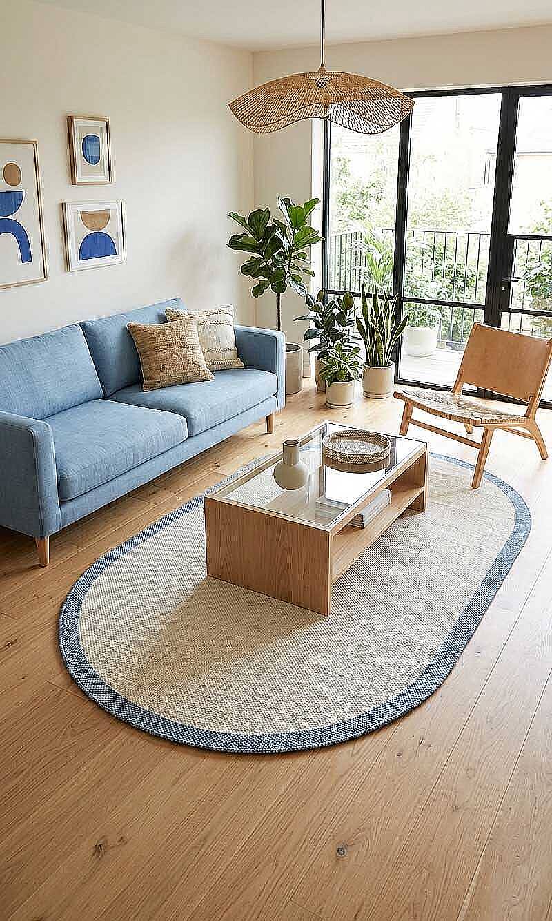 Natura Sisal Hasır Görünümlü Çerçeveli Oval Halı Ntr16 Mavi-Krem - 1