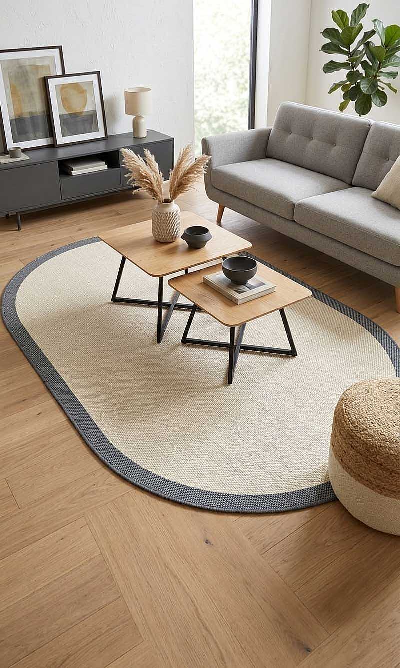 Natura Sisal Hasır Görünümlü Çerçeveli Oval Halı Ntr17 Lacivert-Krem 
