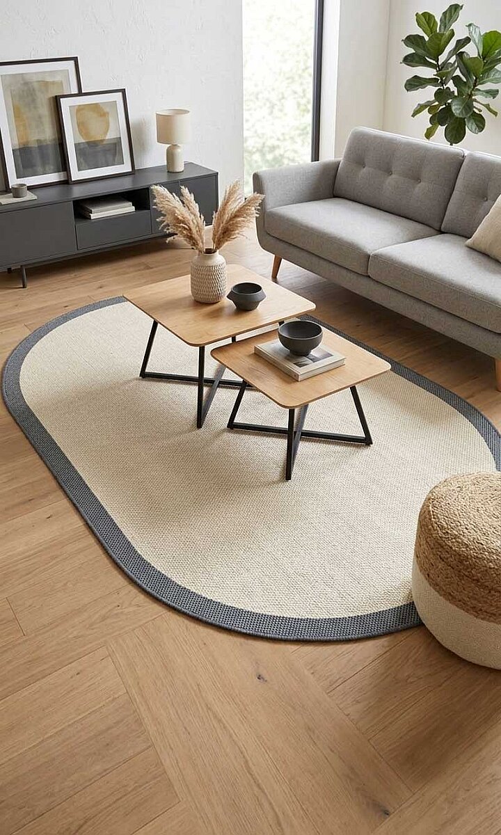 Natura Sisal Hasır Görünümlü Çerçeveli Oval Halı Ntr17 Lacivert-Krem - Frenda