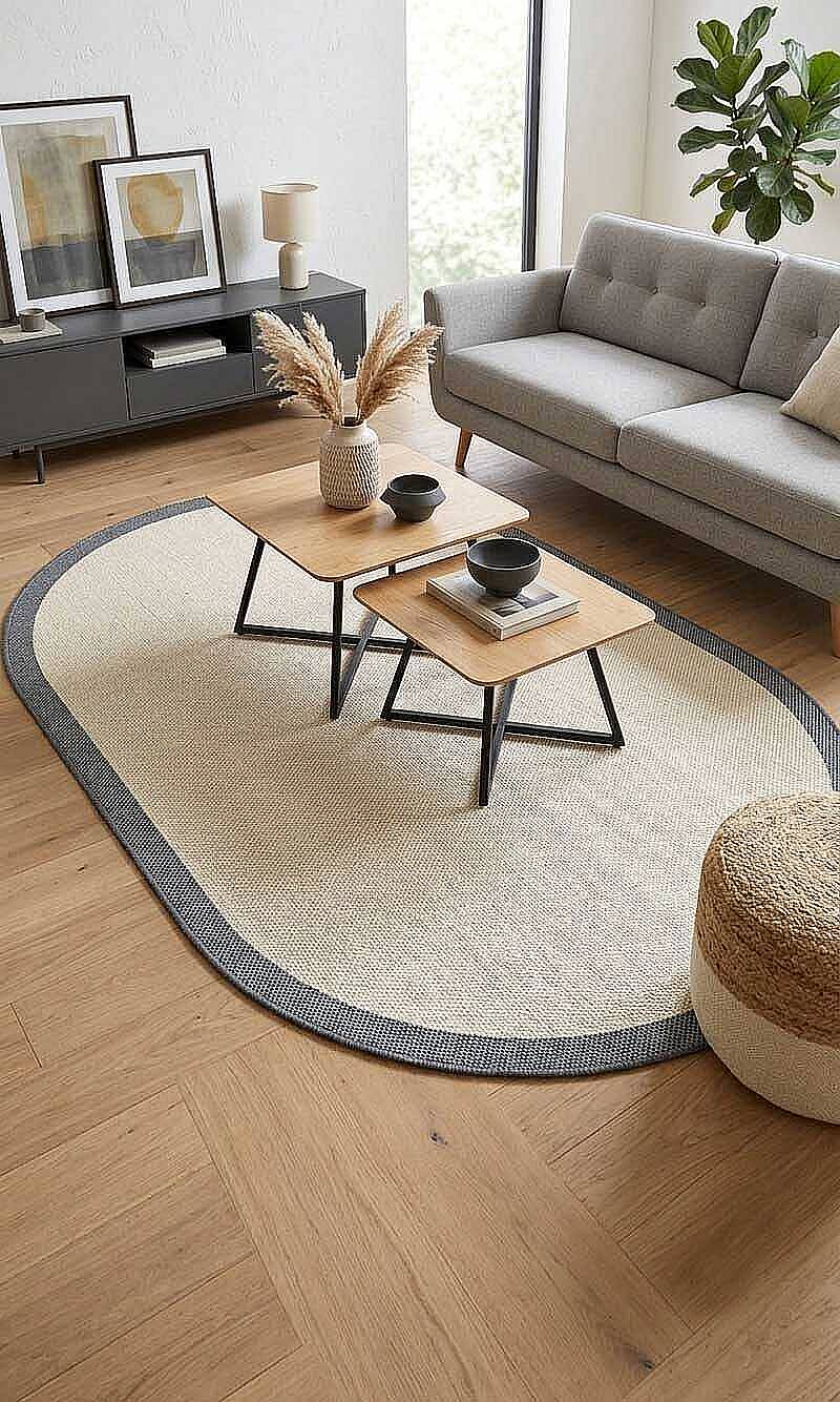 Natura Sisal Hasır Görünümlü Çerçeveli Oval Halı Ntr17 Lacivert-Krem - 1