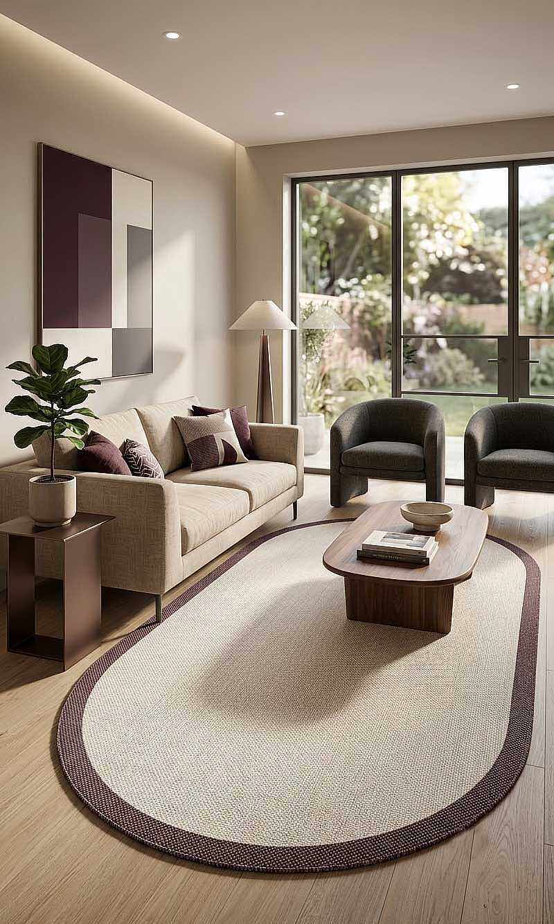 Natura Sisal Hasır Görünümlü Çerçeveli Oval Halı Ntr18 Marsala-Krem 