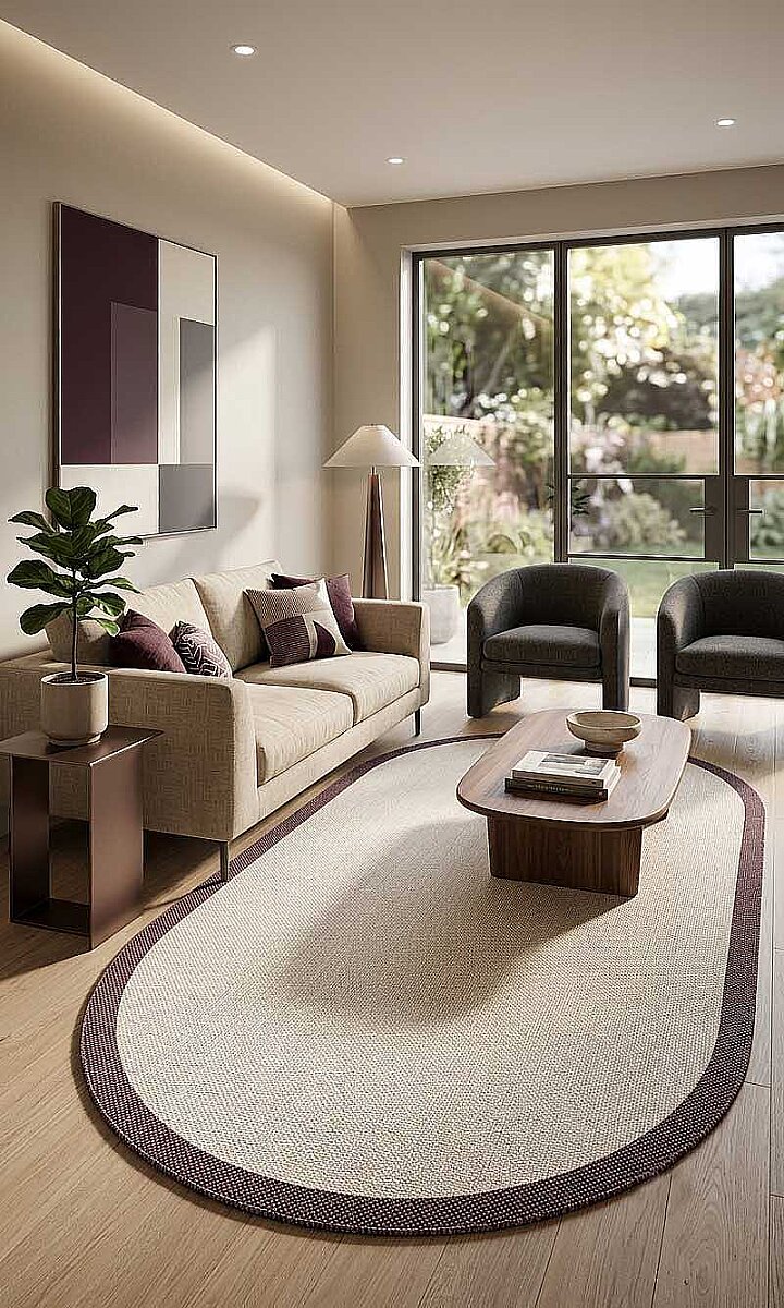 Natura Sisal Hasır Görünümlü Çerçeveli Oval Halı Ntr18 Marsala-Krem 
