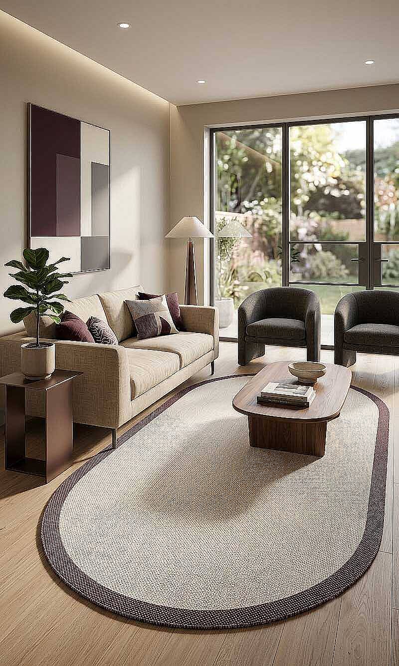 Natura Sisal Hasır Görünümlü Çerçeveli Oval Halı Ntr18 Marsala-Krem - 1