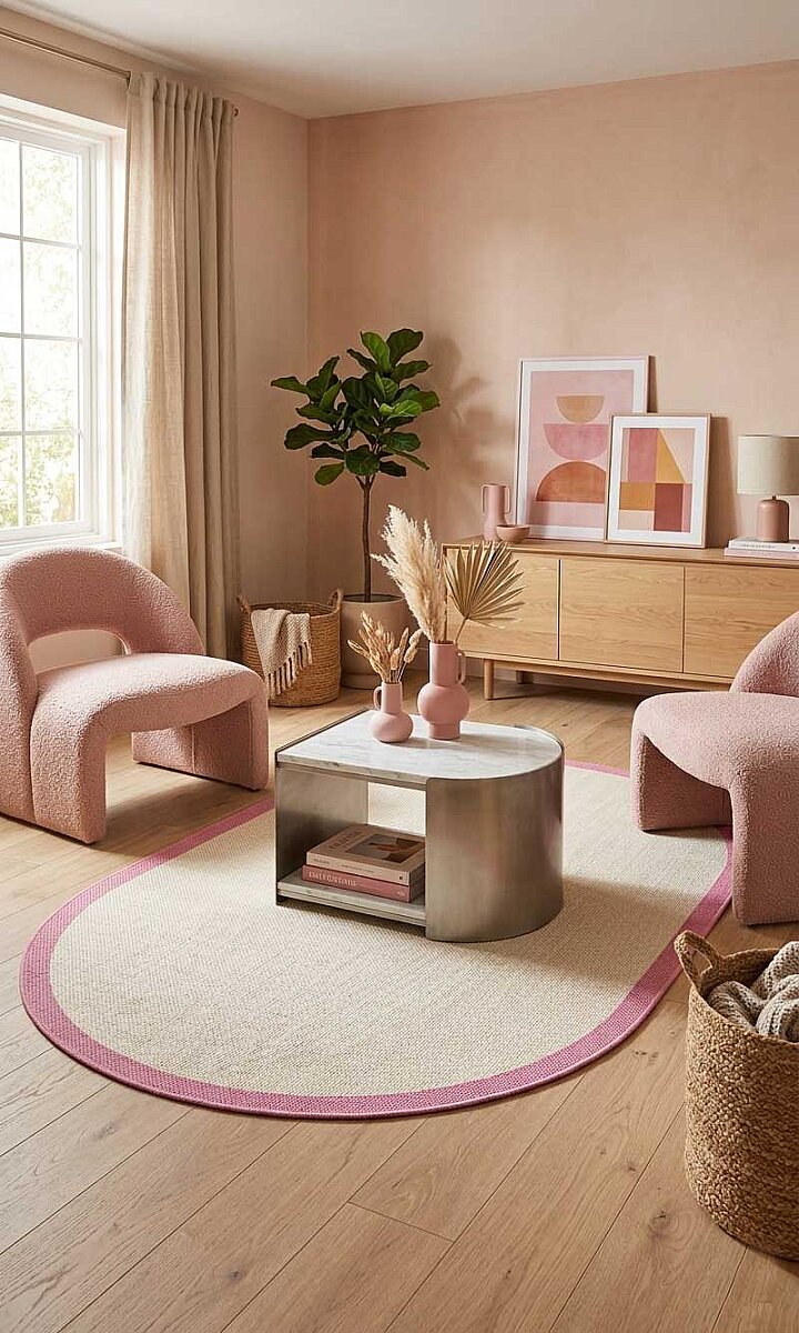 Natura Sisal Hasır Görünümlü Çerçeveli Oval Halı Ntr19 Fuşya-Krem - Frenda