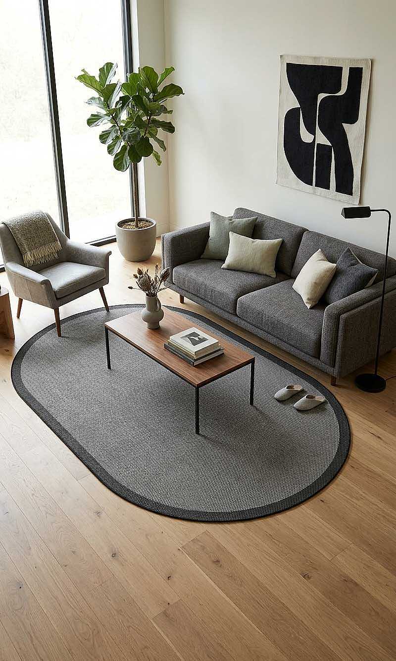 Natura Sisal Hasır Görünümlü Çerçeveli Oval Halı Ntr20 Siyah-Antrasit 