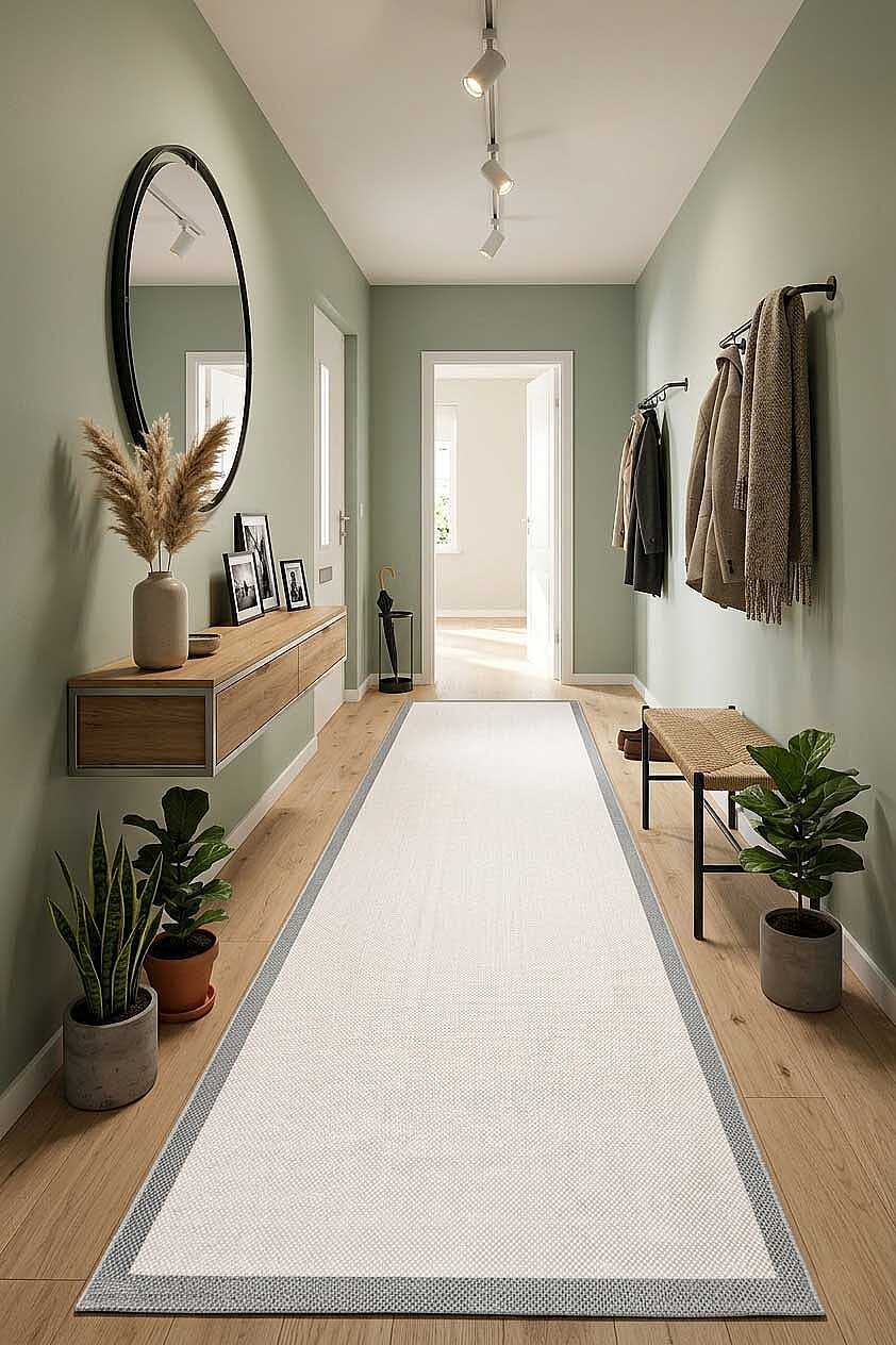 Natura Sisal Hasır Görünümlü Çerçeveli Yolluk Kesme Halı Ntr08 Gri-Krem 