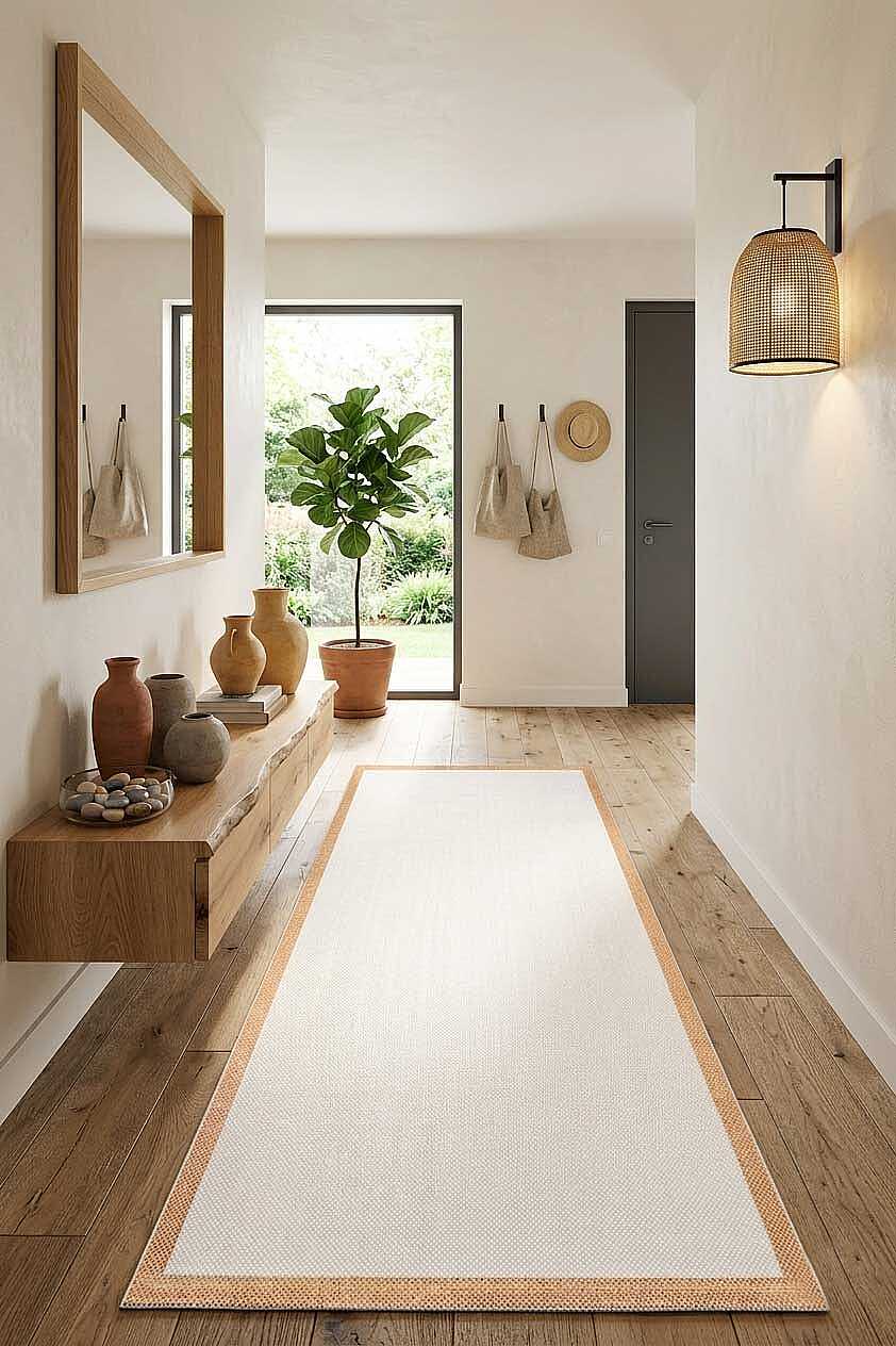 Natura Sisal Hasır Görünümlü Çerçeveli Yolluk Kesme Halı Ntr14 Sarı-Krem 