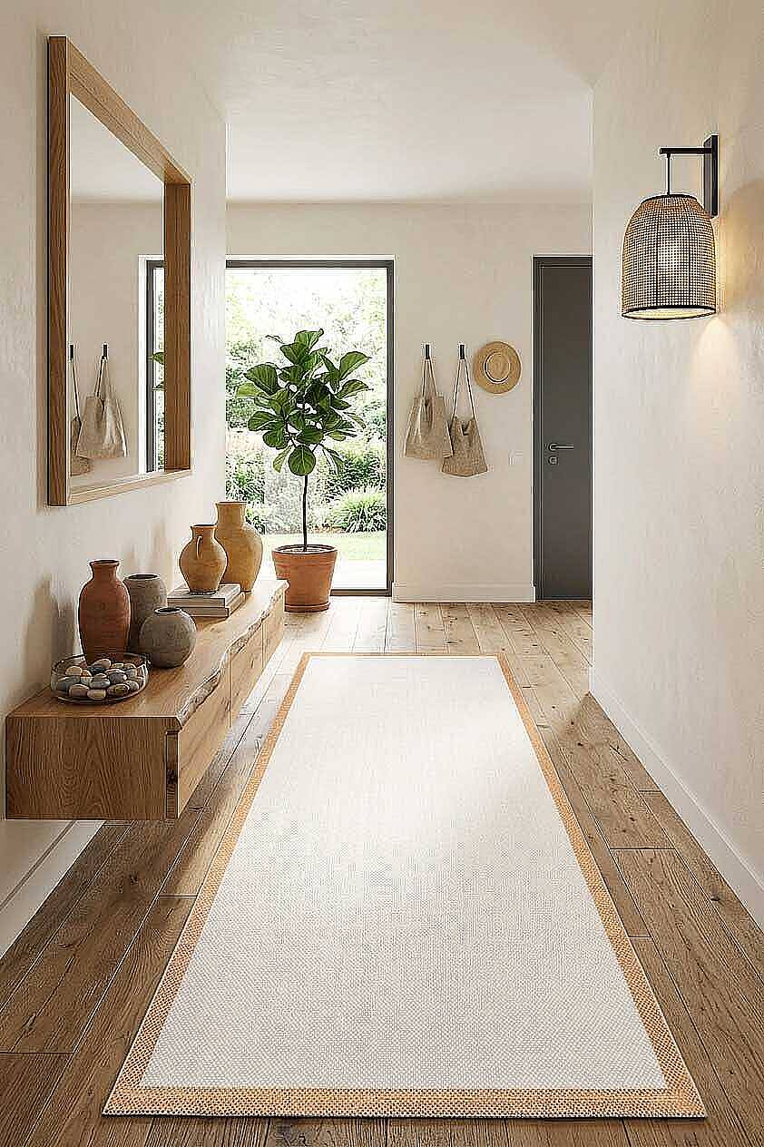 Natura Sisal Hasır Görünümlü Çerçeveli Yolluk Kesme Halı Ntr14 Sarı-Krem - 1
