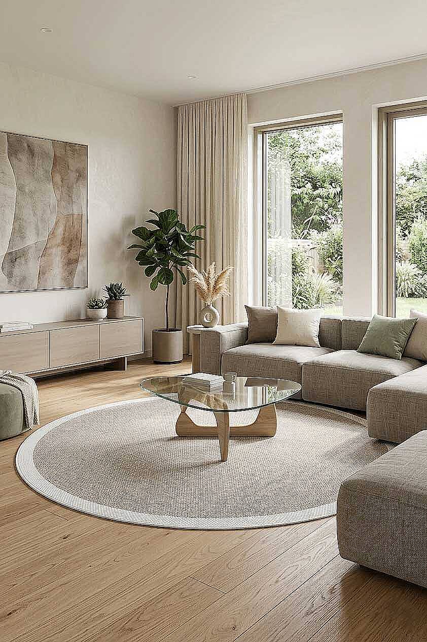 Natura Sisal Hasır Görünümlü Çerçeveli Yuvarlak Halı Ntr02 Krem-Sütlü Kahve - 1