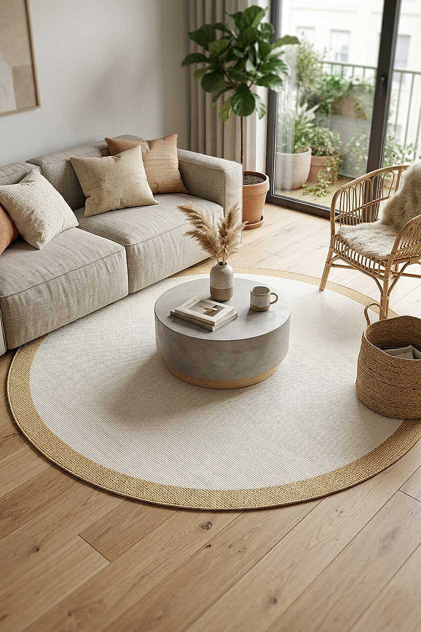Natura Sisal Hasır Görünümlü Çerçeveli Yuvarlak Halı Ntr14 Sarı-Krem 