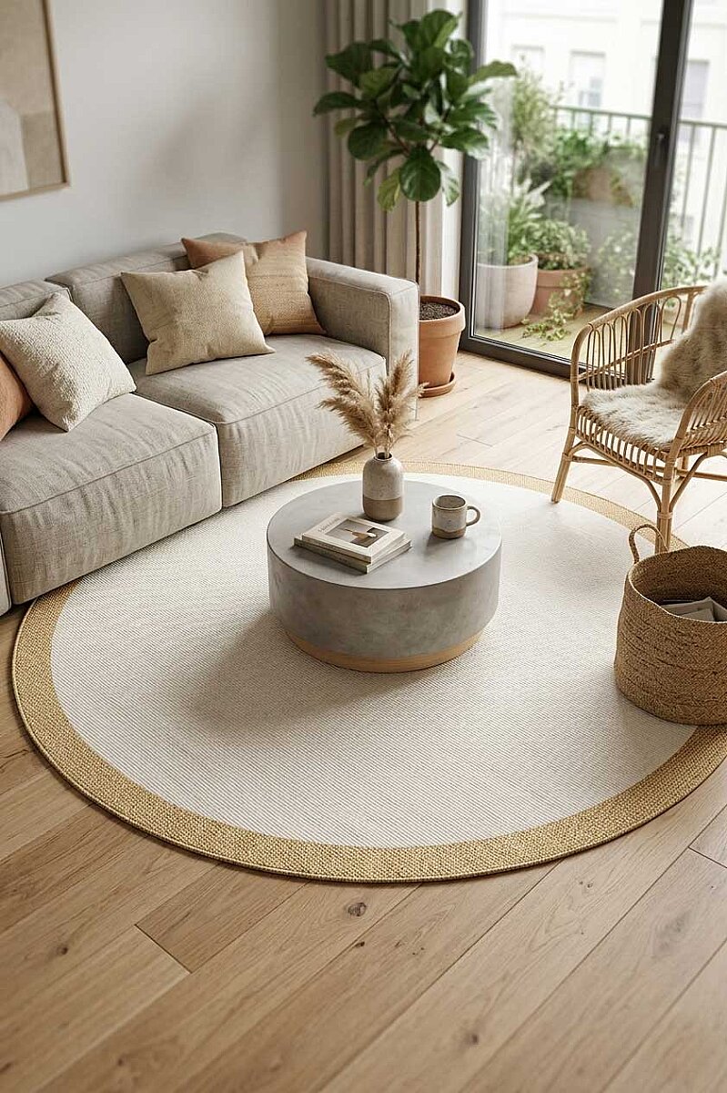 Natura Sisal Hasır Görünümlü Çerçeveli Yuvarlak Halı Ntr14 Sarı-Krem - Frenda