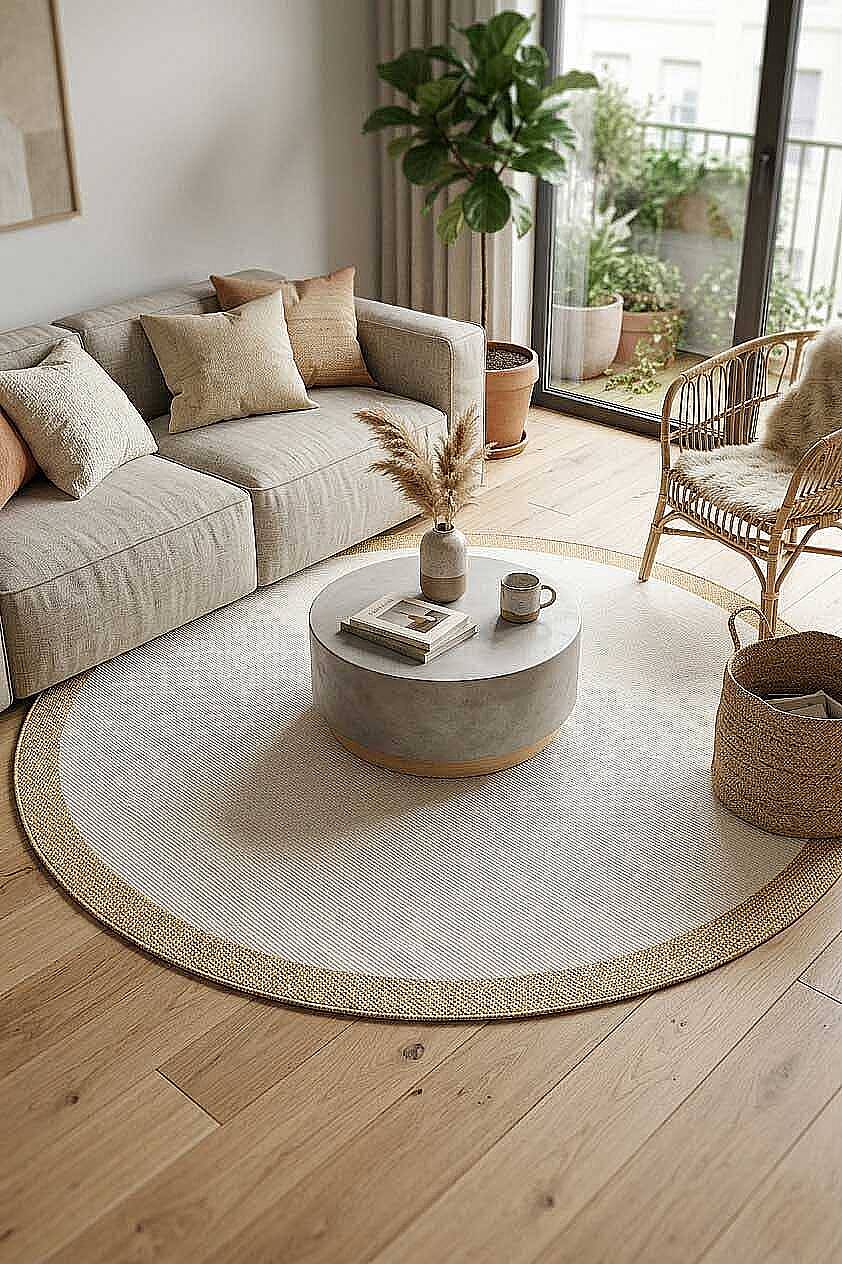 Natura Sisal Hasır Görünümlü Çerçeveli Yuvarlak Halı Ntr14 Sarı-Krem - 1