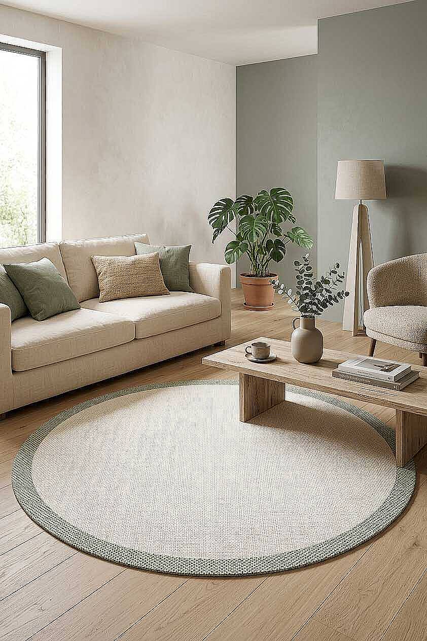 Natura Sisal Hasır Görünümlü Çerçeveli Yuvarlak Halı Ntr15 Yeşil-Krem - 1