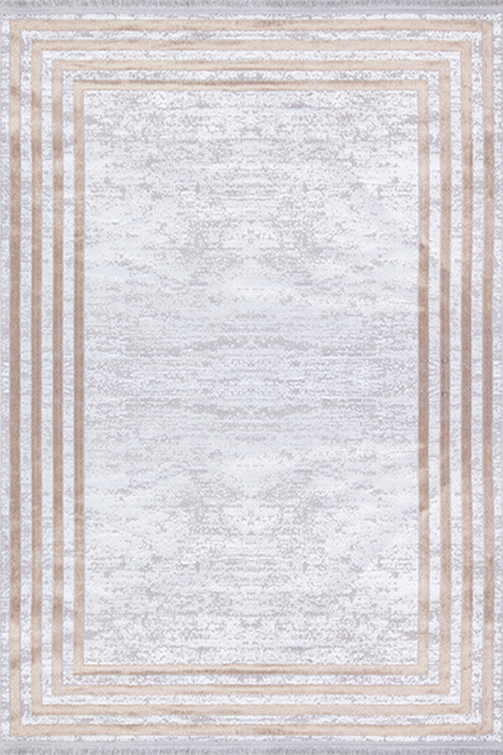 Parlak Saten Dokulu Poem Bambu Tuşe Klasik Çerçeve Desenli Halı Pm04 Bej - 2