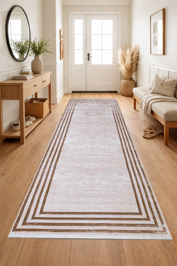 Parlak Saten Dokulu Poem Bambu Tuşe Klasik Çerçeve Desenli Halı Pm04 Bej - 4