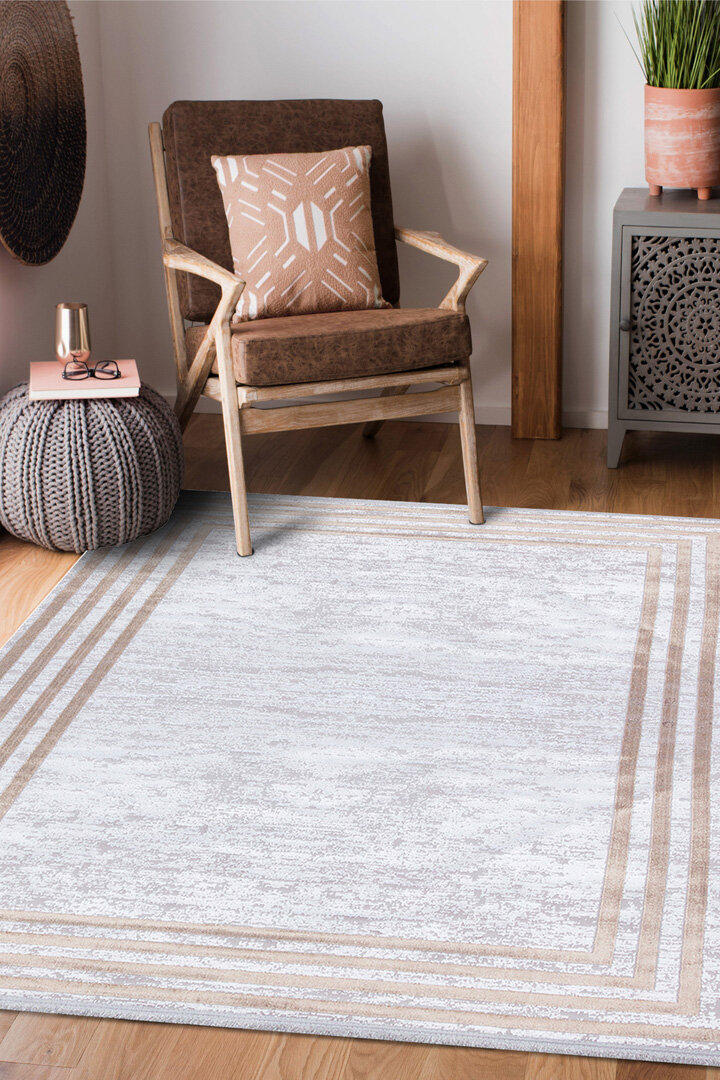 Parlak Saten Dokulu Poem Bambu Tuşe Klasik Çerçeve Desenli Halı Pm04 Bej 