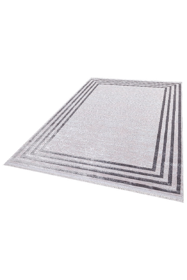 Parlak Saten Dokulu Poem Bambu Tuşe Klasik Çerçeve Desenli Halı Pm04 Gri - 3