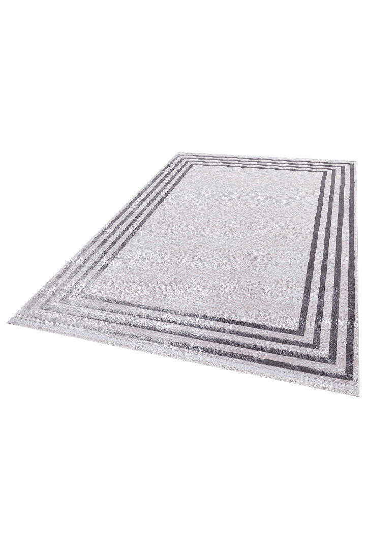 Parlak Saten Dokulu Poem Bambu Tuşe Klasik Çerçeve Desenli Halı Pm04 Gri - 3