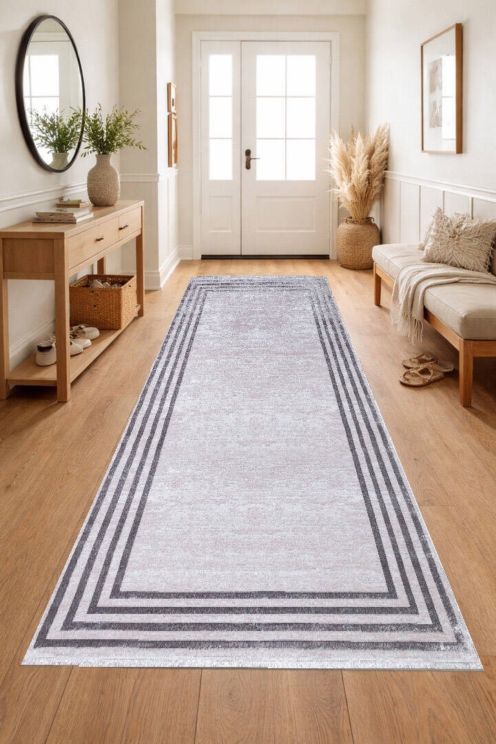 Parlak Saten Dokulu Poem Bambu Tuşe Klasik Çerçeve Desenli Halı Pm04 Gri - 4