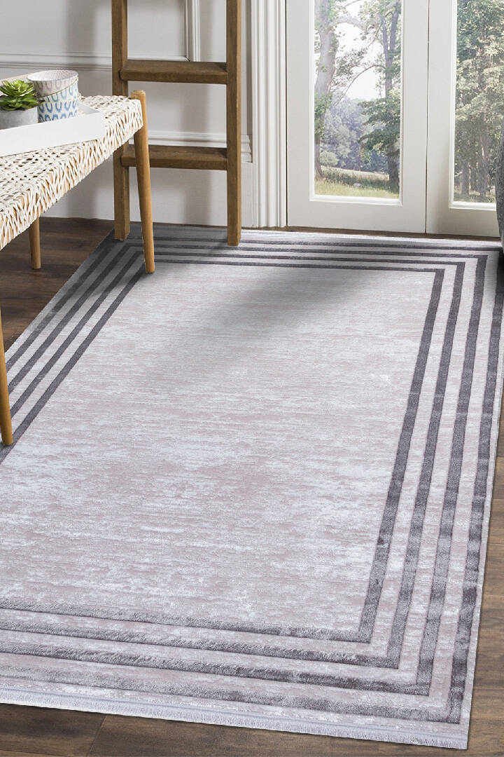 Parlak Saten Dokulu Poem Bambu Tuşe Klasik Çerçeve Desenli Halı Pm04 Gri - 1