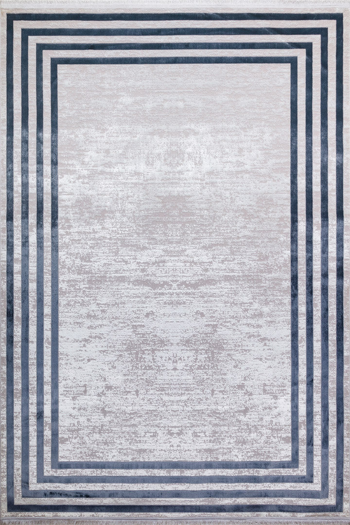 Parlak Saten Dokulu Poem Bambu Tuşe Klasik Çerçeve Desenli Halı Pm04 Mavi - Frenda (1)