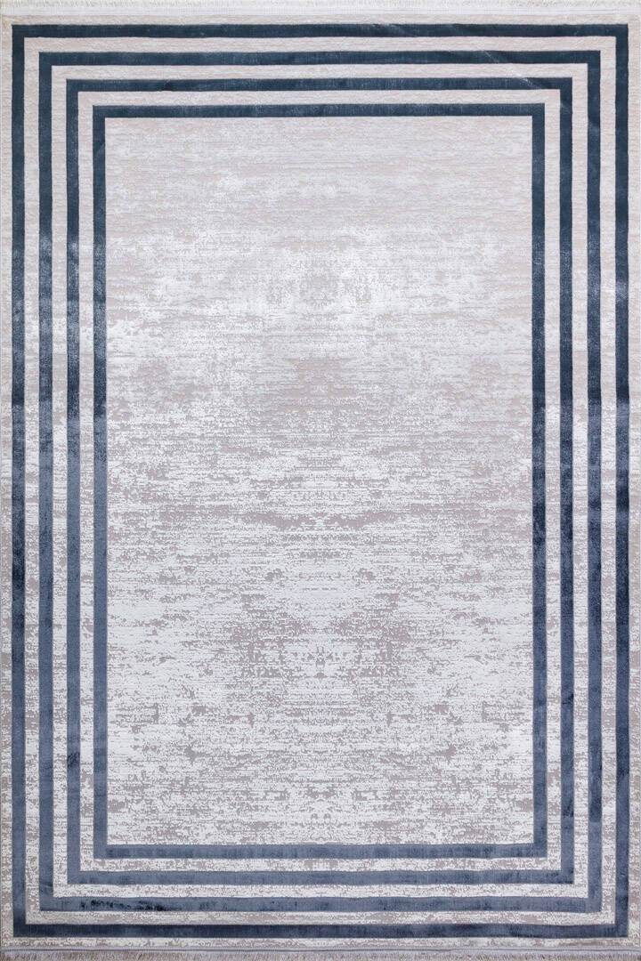 Parlak Saten Dokulu Poem Bambu Tuşe Klasik Çerçeve Desenli Halı Pm04 Mavi - 2