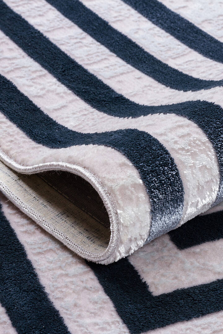 Parlak Saten Dokulu Poem Bambu Tuşe Klasik Çerçeve Desenli Halı Pm04 Mavi - 5