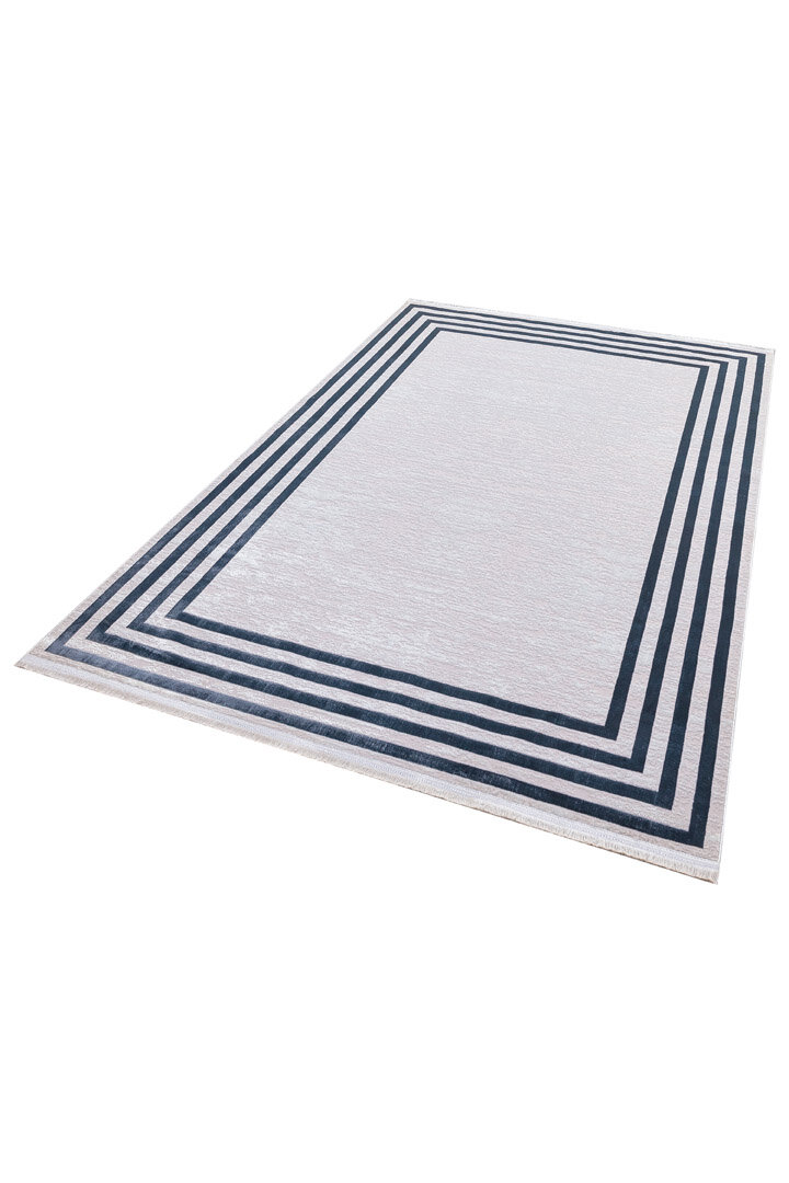 Parlak Saten Dokulu Poem Bambu Tuşe Klasik Çerçeve Desenli Halı Pm04 Mavi - 3