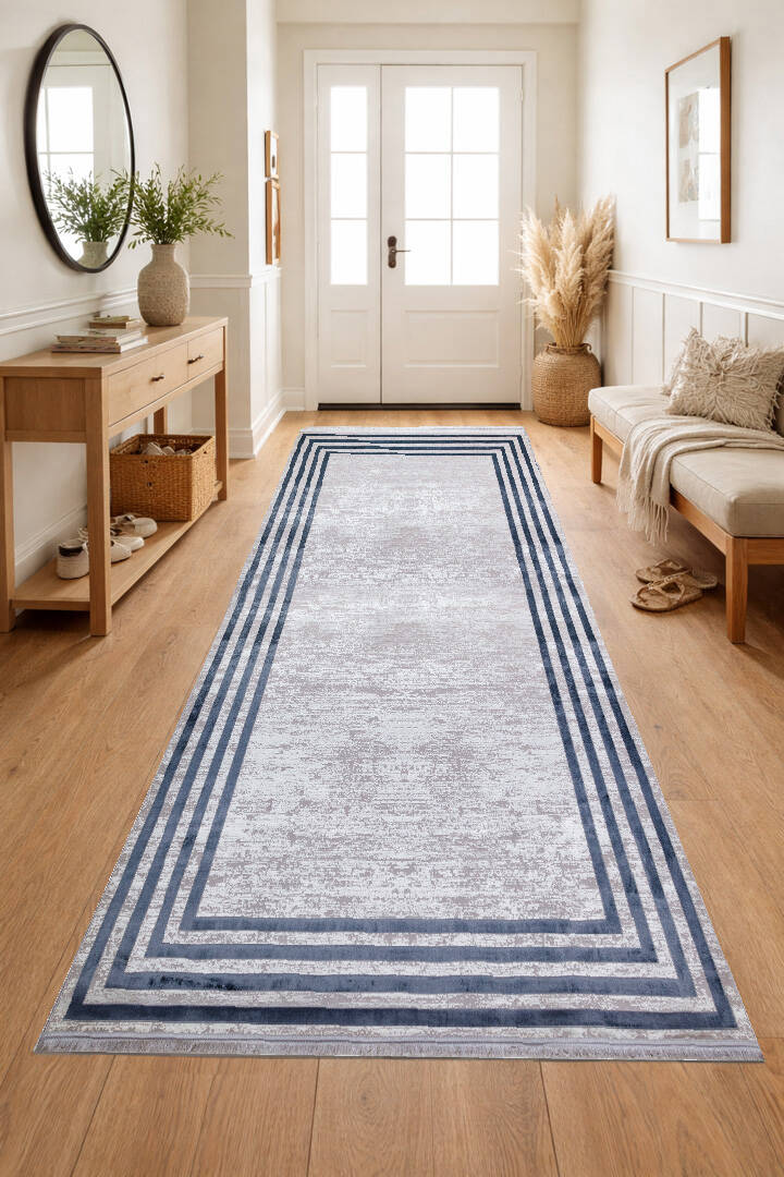 Parlak Saten Dokulu Poem Bambu Tuşe Klasik Çerçeve Desenli Halı Pm04 Mavi - 4