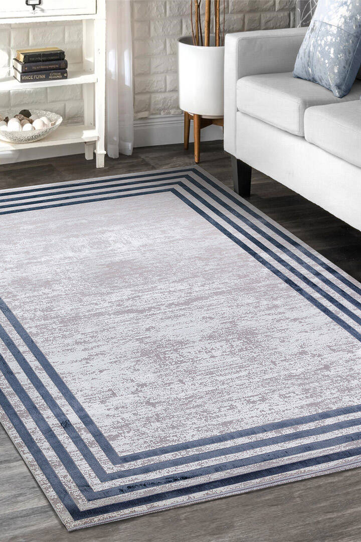 Parlak Saten Dokulu Poem Bambu Tuşe Klasik Çerçeve Desenli Halı Pm04 Mavi - 1