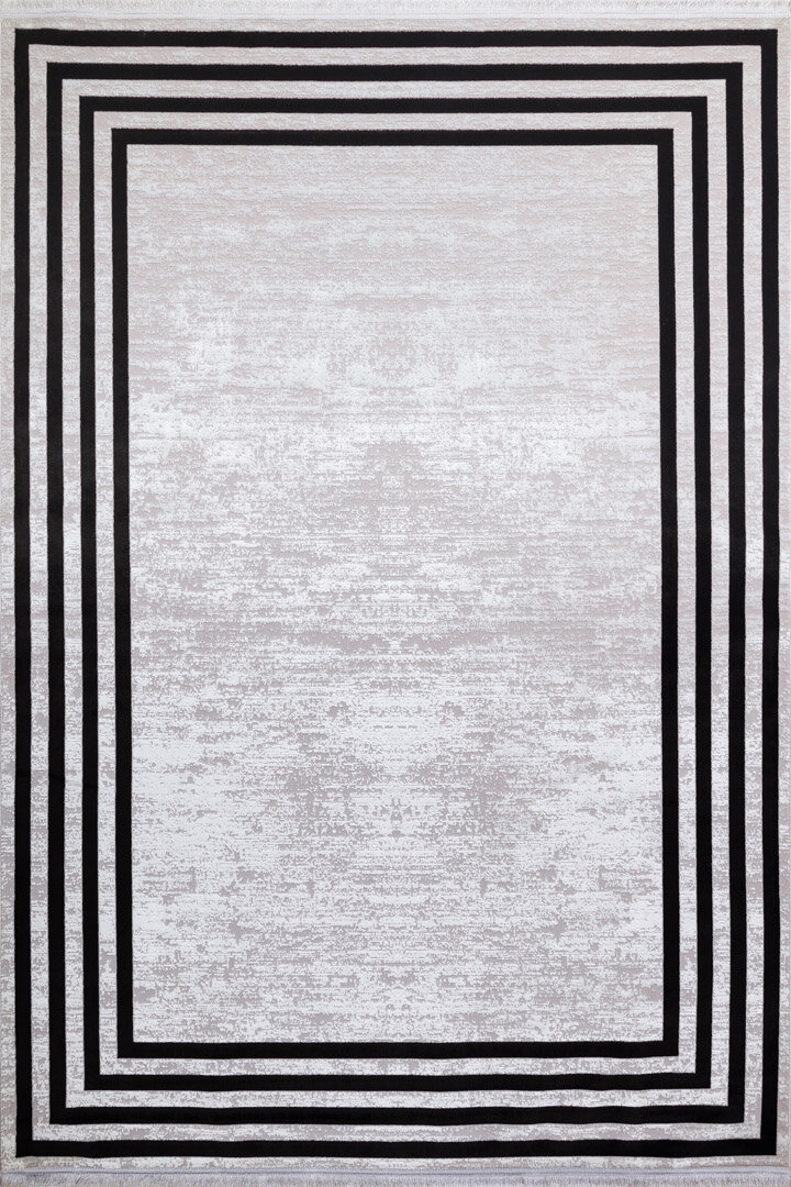 Parlak Saten Dokulu Poem Bambu Tuşe Klasik Çerçeve Desenli Halı Pm04 Siyah - 2