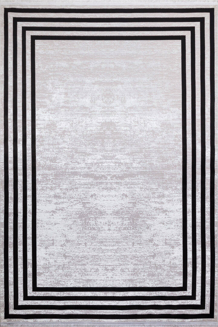 Parlak Saten Dokulu Poem Bambu Tuşe Klasik Çerçeve Desenli Halı Pm04 Siyah - 2