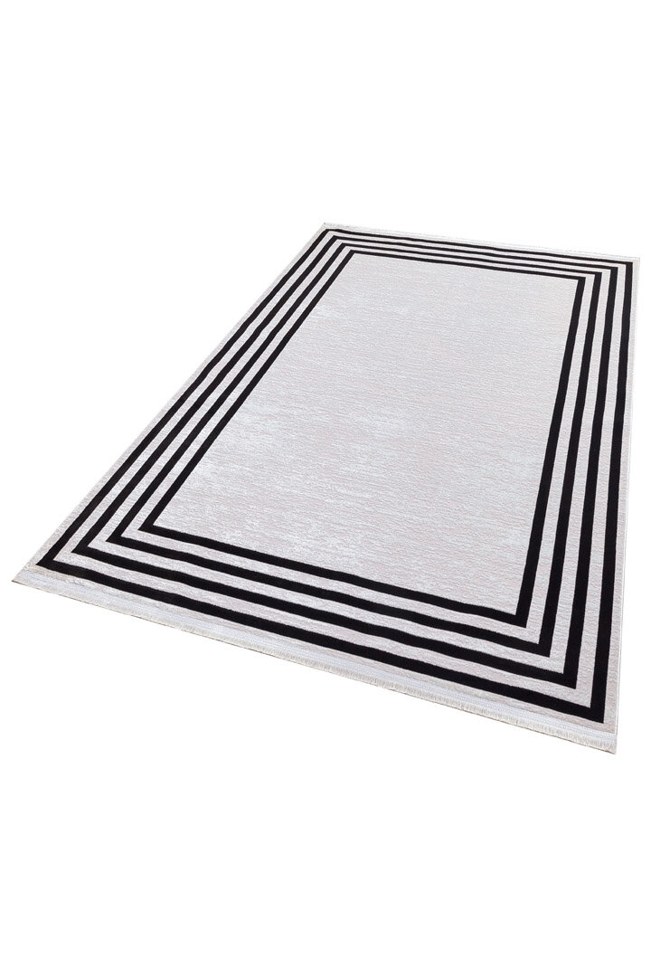 Parlak Saten Dokulu Poem Bambu Tuşe Klasik Çerçeve Desenli Halı Pm04 Siyah - 3